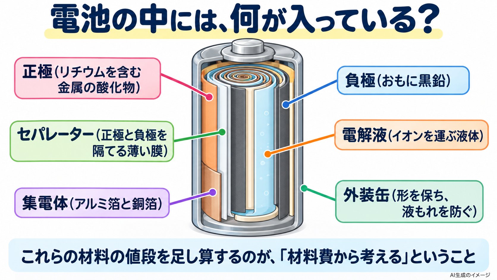 電池の断面図。正極(リチウムを含む金属の酸化物)、負極(おもに黒鉛)、電解液、セパレーター、集電体(アルミ箔と銅箔)、外装缶
