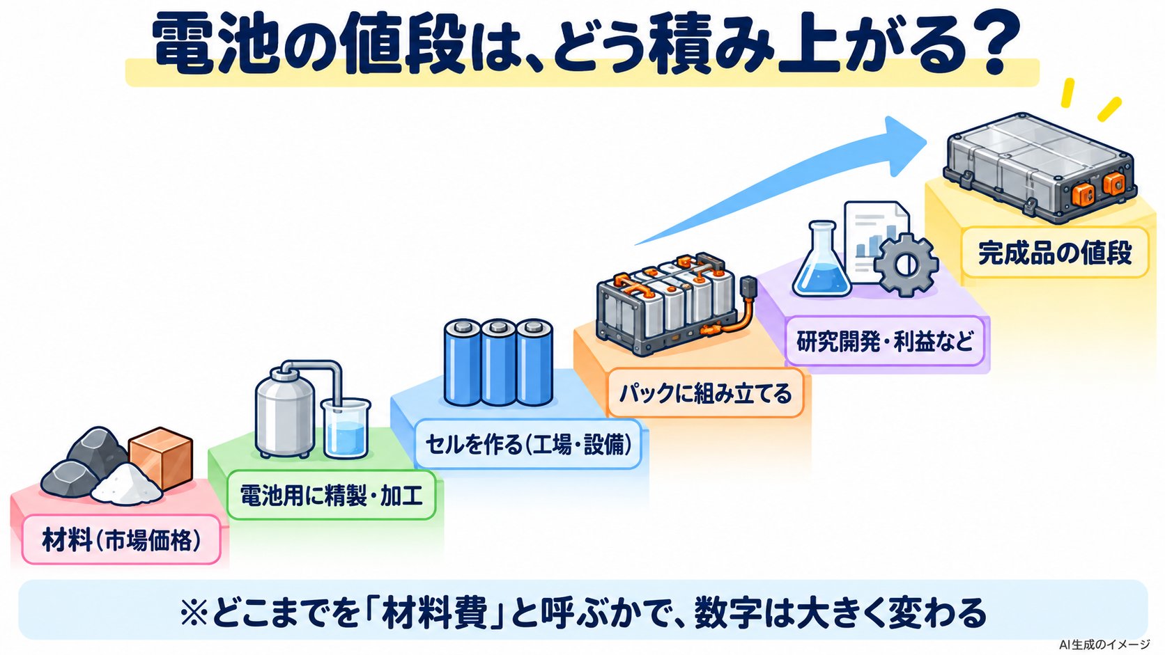 電池の値段は、どう積み上がる?材料、精製・加工、セルを作る、パックに組み立てる、研究開発・利益などの順に積み上がって、完成品の値段になる図解
