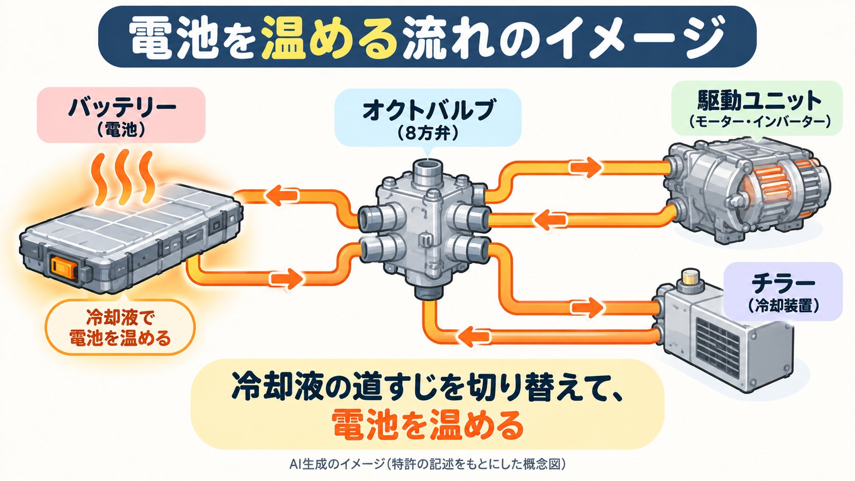 予熱のイメージ。電池を温めるために、冷却液の道すじを切り替える(AI生成のイメージ。特許の記述をもとにした概念図)