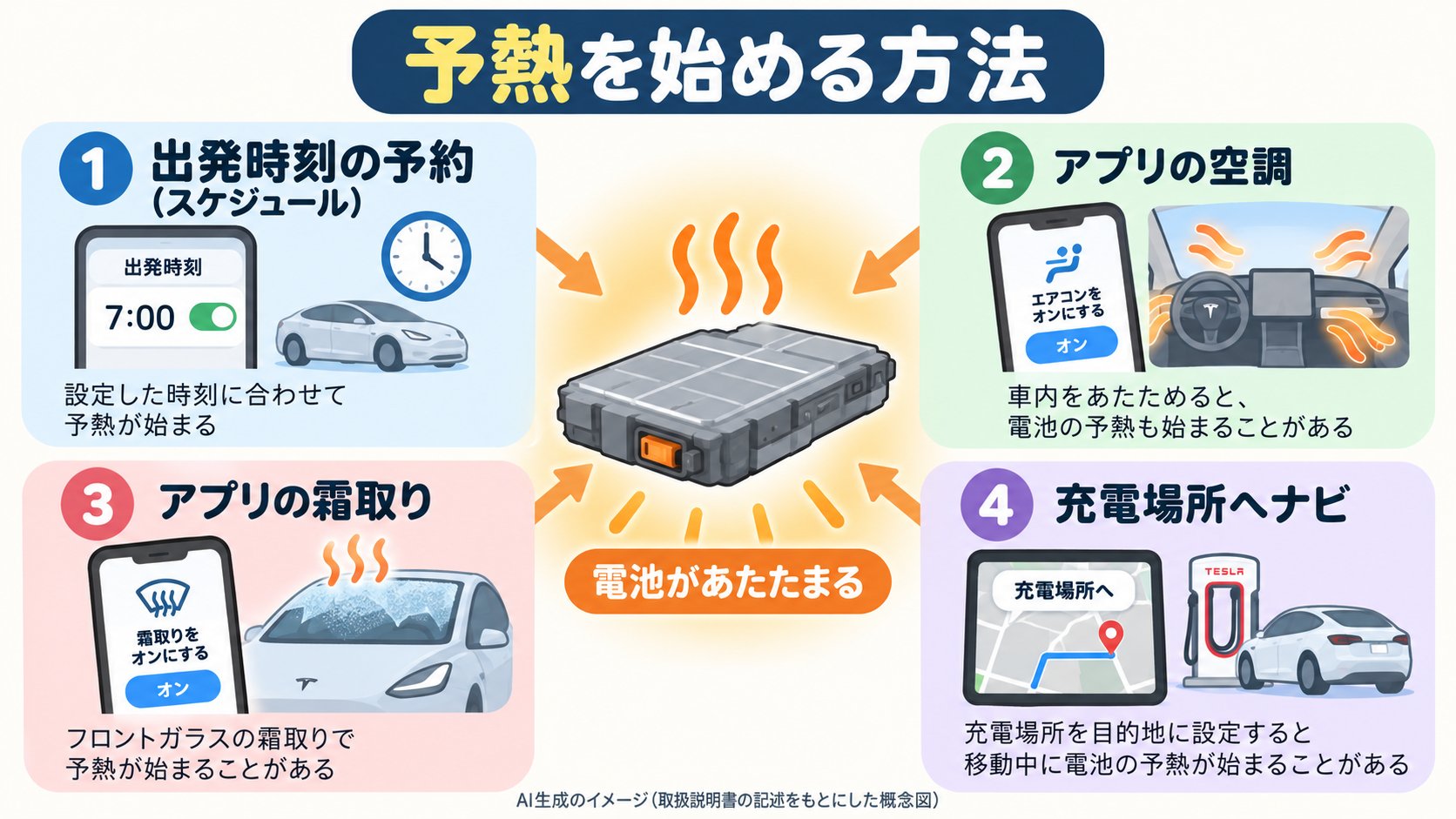 予熱が始まるきっかけの例。出発時刻の予約、アプリの空調、霜取り、充電場所へのナビ(AI生成のイメージ。取扱説明書の記述をもとにした概念図)
