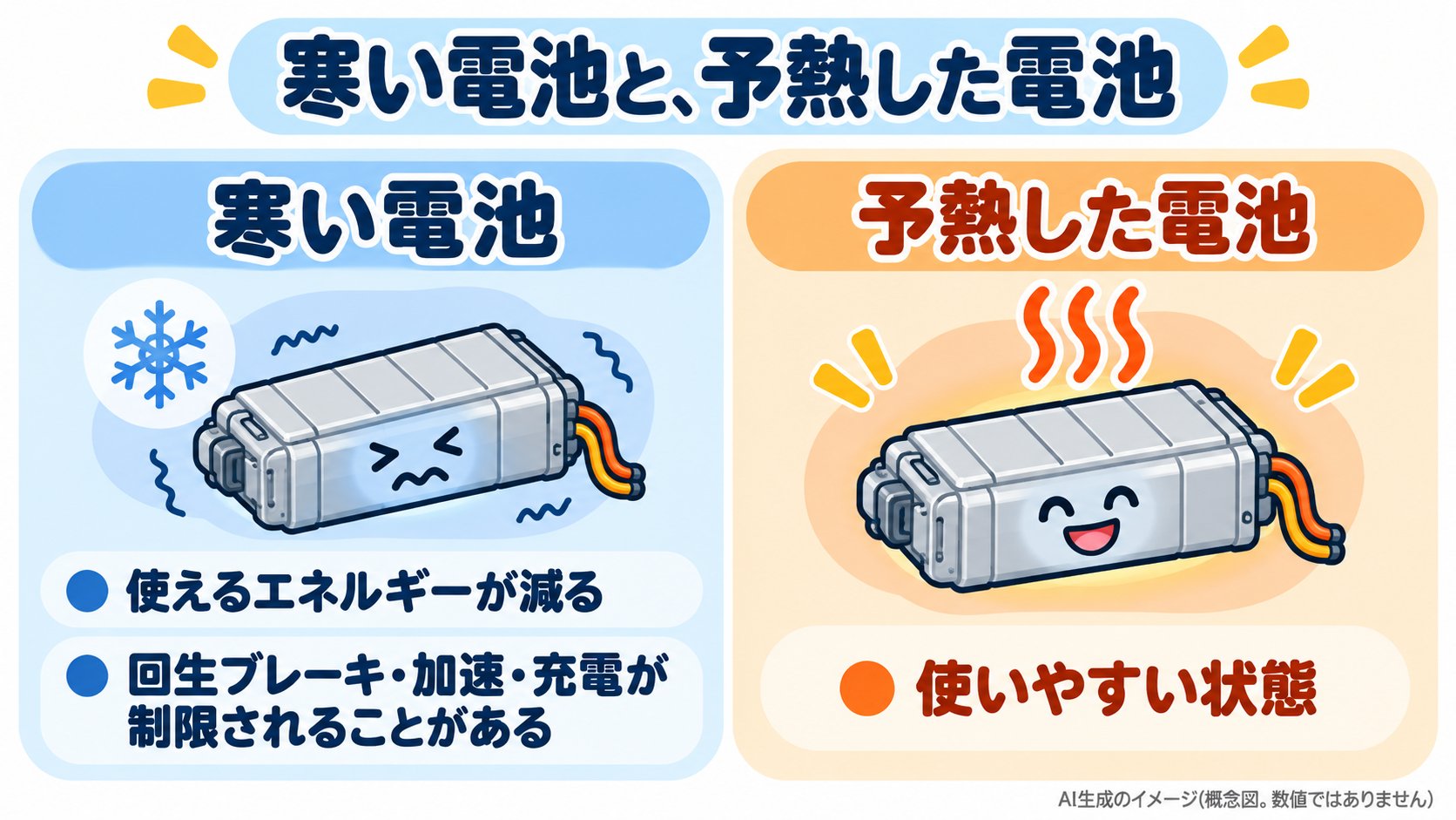 寒い日の電池と、予熱した電池の比較。寒いと、使えるエネルギーが減り、回生ブレーキや充電が制限されることがある。予熱すると、使いやすい状態になる(AI生成のイメージ。概念図)