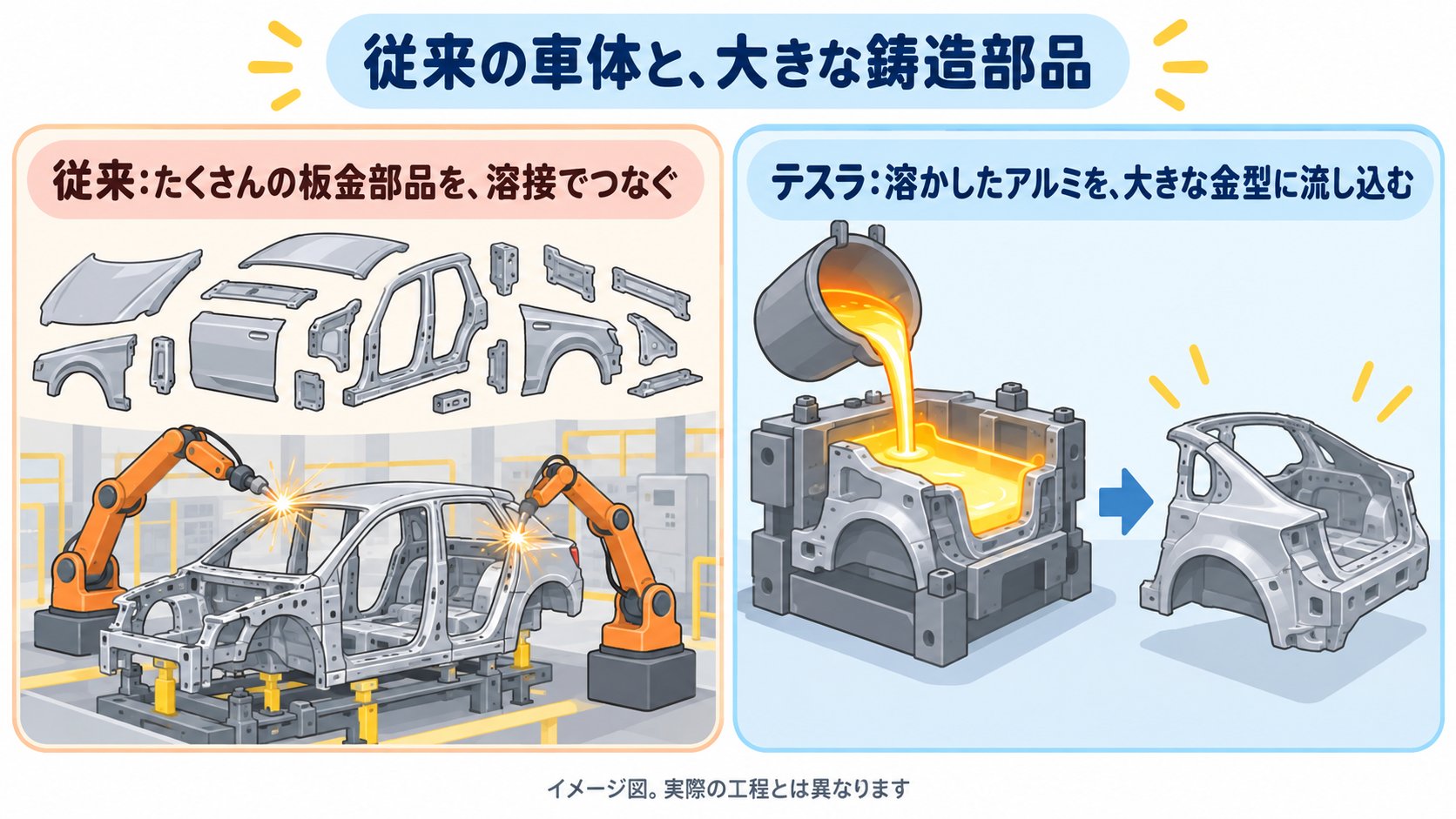 従来の車体と、テスラの大きな鋳造部品の比較。従来は、たくさんの板金部品を溶接して作る。テスラは、溶かしたアルミを大きな金型に流し込んで、大きな1つの部品にする(AI生成のイメージ)