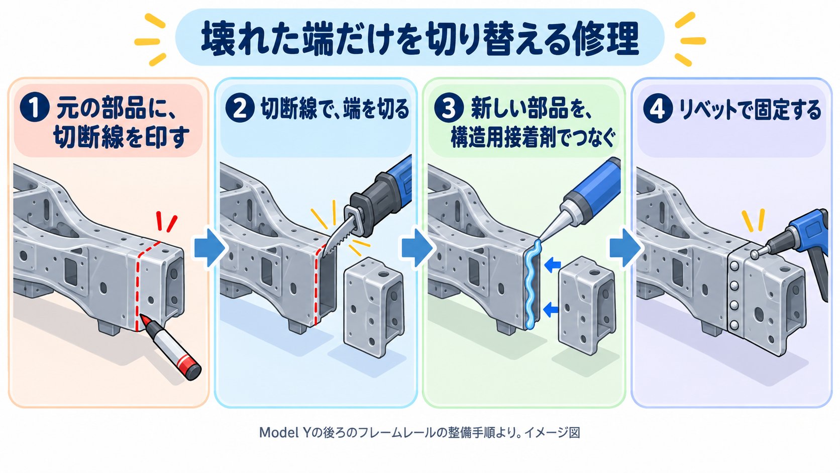 壊れた鋳造部品の修理。決められた切断線で端だけを切り、新しい部品を、構造用接着剤とリベットでつなぐ(AI生成のイメージ。整備手順による)