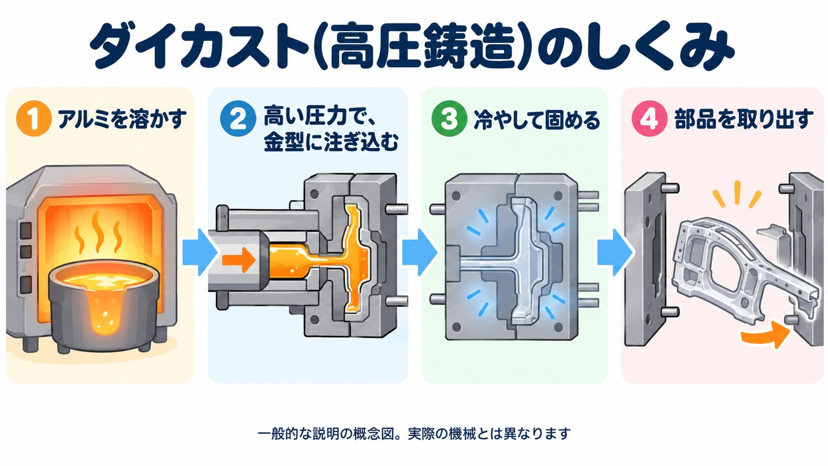 ダイカスト(高圧鋳造)の仕組み。溶かしたアルミを、高い圧力で金型に注ぎ込み、固めて、部品を取り出す(AI生成のイメージ。概念図)