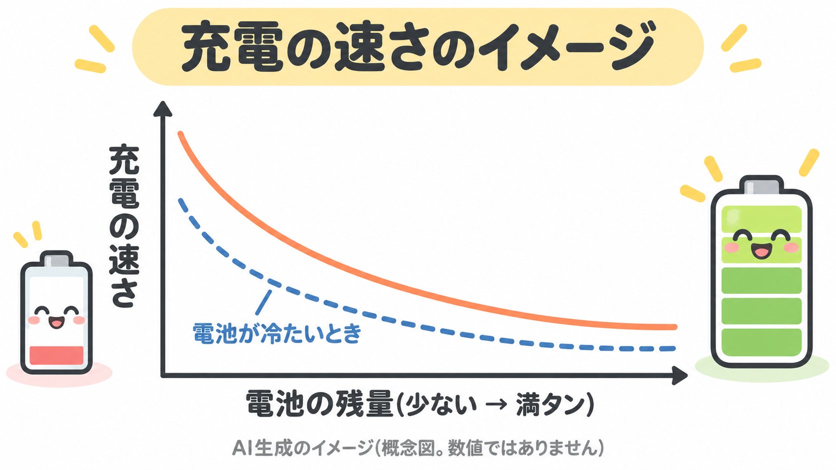 充電の速さのイメージ。電池が空に近いときは速く、満タンに近づくと遅くなる。電池が冷たいときも遅くなる(AI生成のイメージ。概念図で、数値ではありません)
