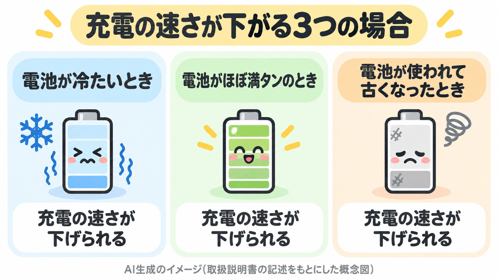 充電の速さが下がるときの3つの場合。電池が冷たい、電池がほぼ満タン、電池が使われて古くなった(AI生成のイメージ。取扱説明書の記述をもとにした概念図)