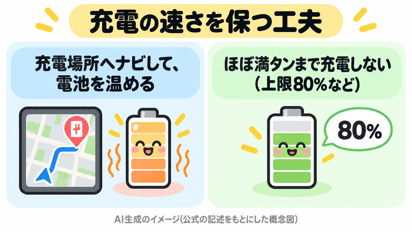 充電の速さを保つコツのイメージ。スーパーチャージャーへ向かうときに、ナビで電池を温める。ほぼ満タンまで充電しない(AI生成のイメージ。公式の記述をもとにした概念図)