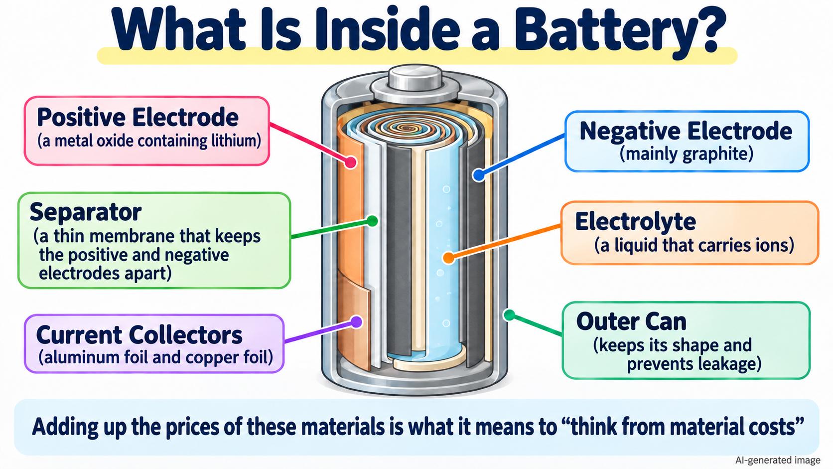 A cross-section of a battery. Positive electrode (a metal oxide containing lithium), negative electrode (mainly graphite), electrolyte, separator, current collectors (aluminum foil and copper foil), outer can