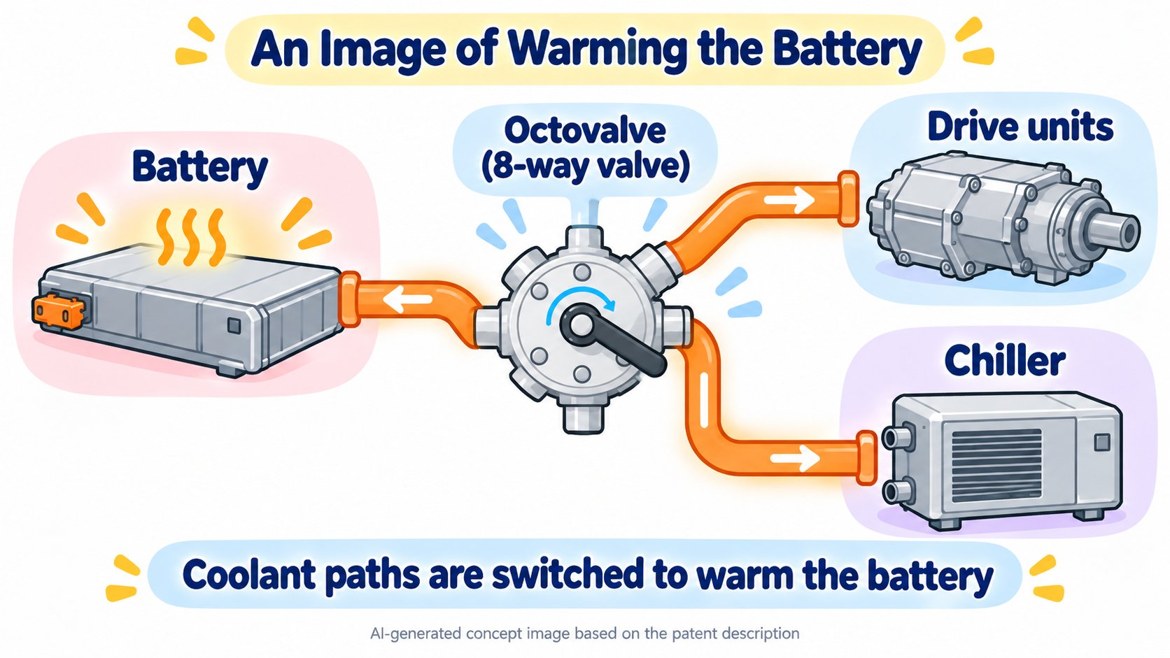 An image of preconditioning. The coolant paths are switched to warm the battery (AI-generated concept diagram based on the patent's description)