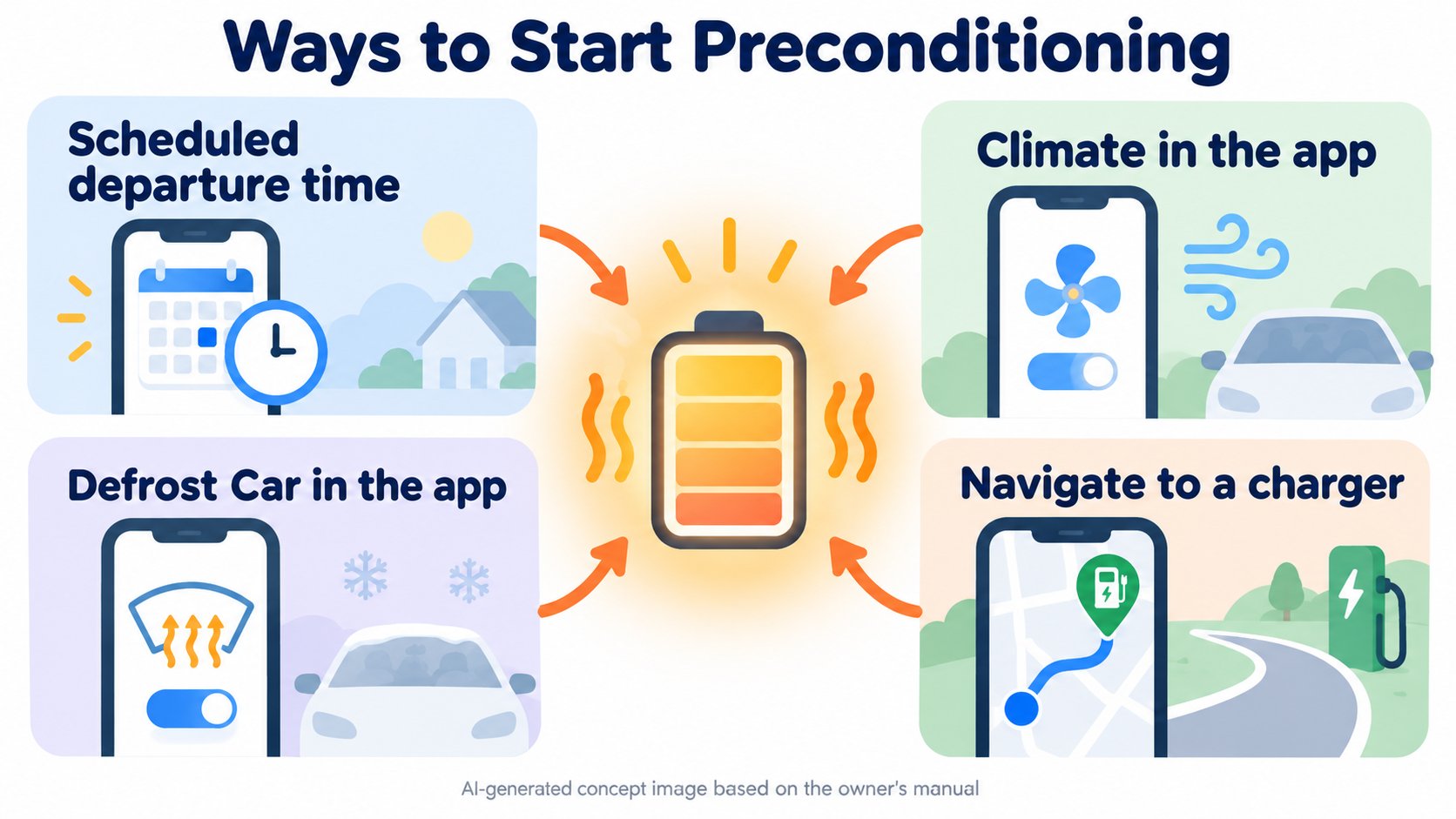 Examples of what starts preconditioning: a set departure time, climate in the app, defrost, and navigating to a charger (AI-generated concept diagram based on the owner's manual)