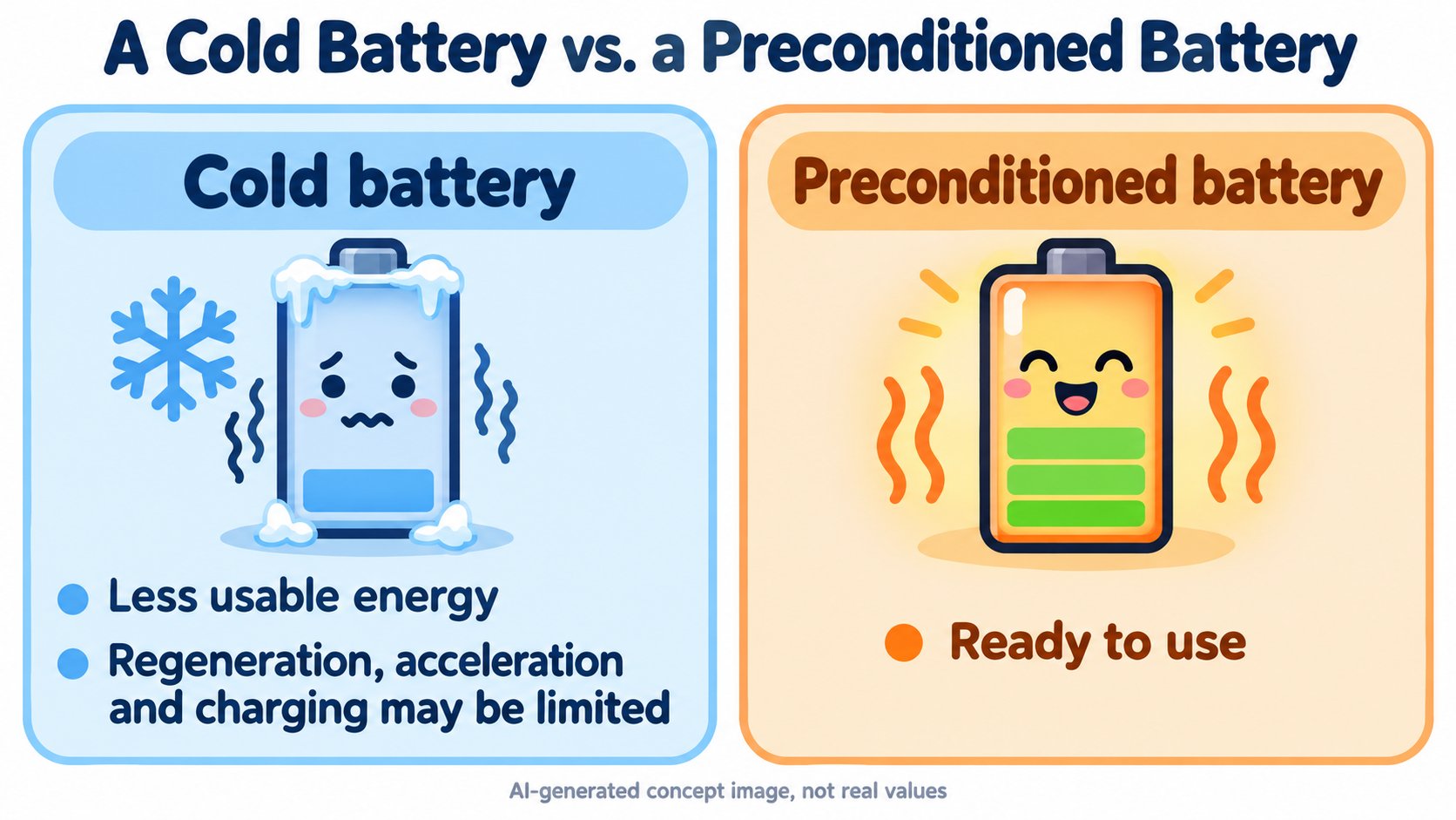 A cold battery versus a preconditioned battery. When cold, usable energy decreases, and regenerative braking and charging may be limited. After preconditioning, the battery is in a usable state (AI-generated concept diagram)