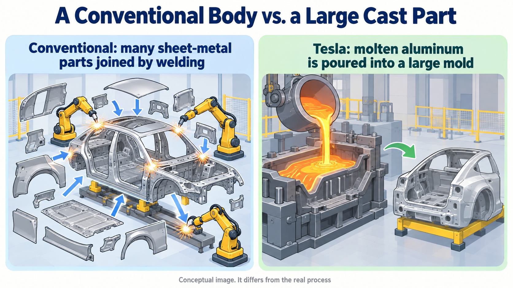 Conventional body versus Tesla's large cast part. Conventionally, many sheet-metal parts are welded together. Tesla pours molten aluminum into a large mold to make one large part (AI-generated illustration)