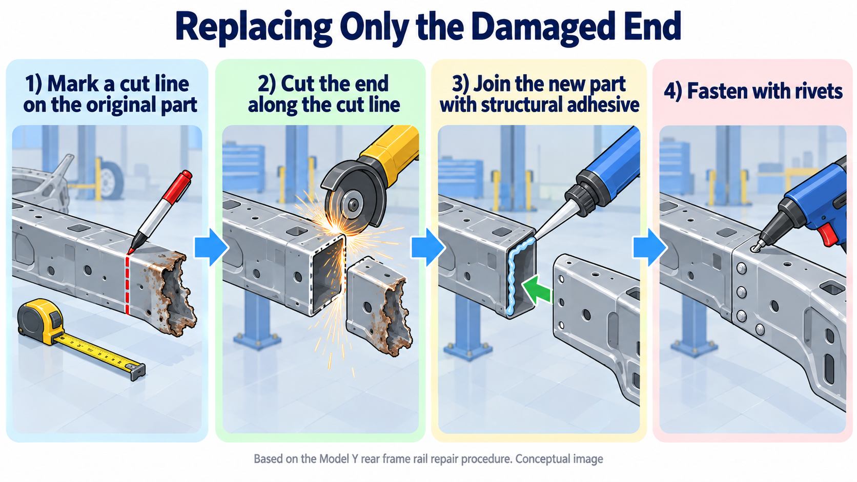 Repairing a damaged cast part. Cut only the end along a set cut line, and join a new part with structural adhesive and rivets (AI-generated illustration; based on the repair procedure)