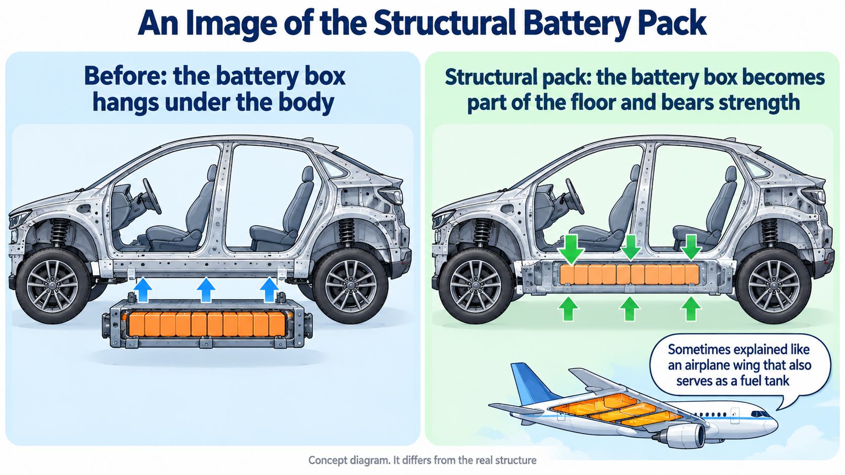 An image of the structural battery pack. The battery box becomes part of the body's floor and bears strength (AI-generated; a concept diagram that differs from the real structure)