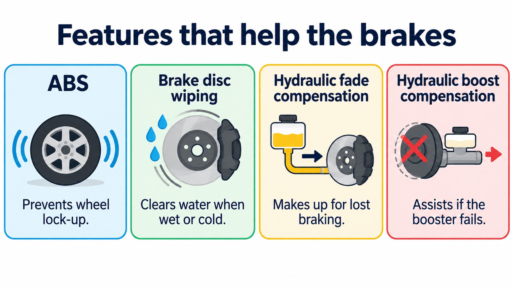 Brake systems: ABS, disc wiping and compensation features (AI-generated concept diagram, different from the real layout of parts)