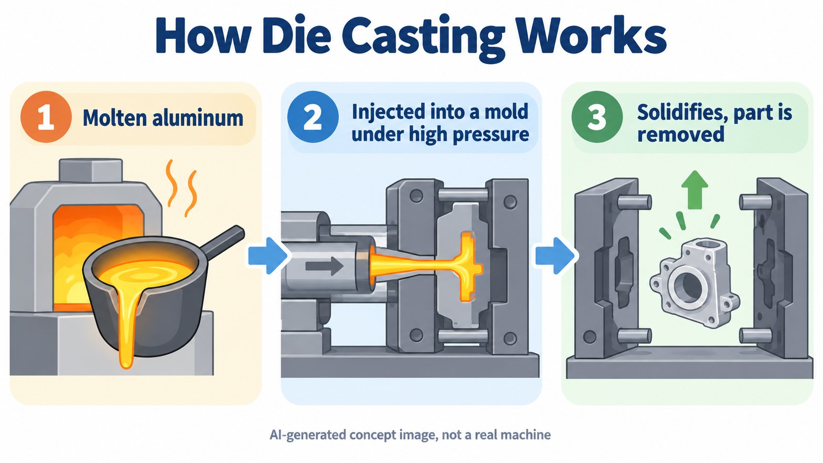 How die casting (high-pressure casting) works. Molten aluminum is injected into a mold under high pressure, solidifies, and the part is taken out (AI-generated concept diagram)