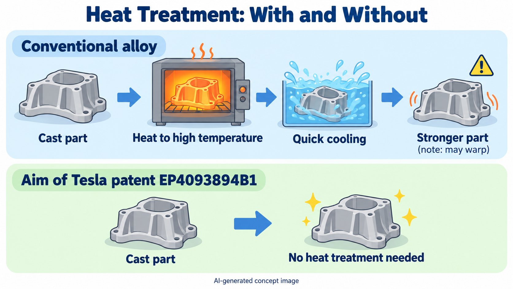 A comparison of casting with and without heat treatment. A conventional alloy is heat-treated after casting to make it stronger. Tesla's patent aims to make that unnecessary (AI-generated concept diagram)