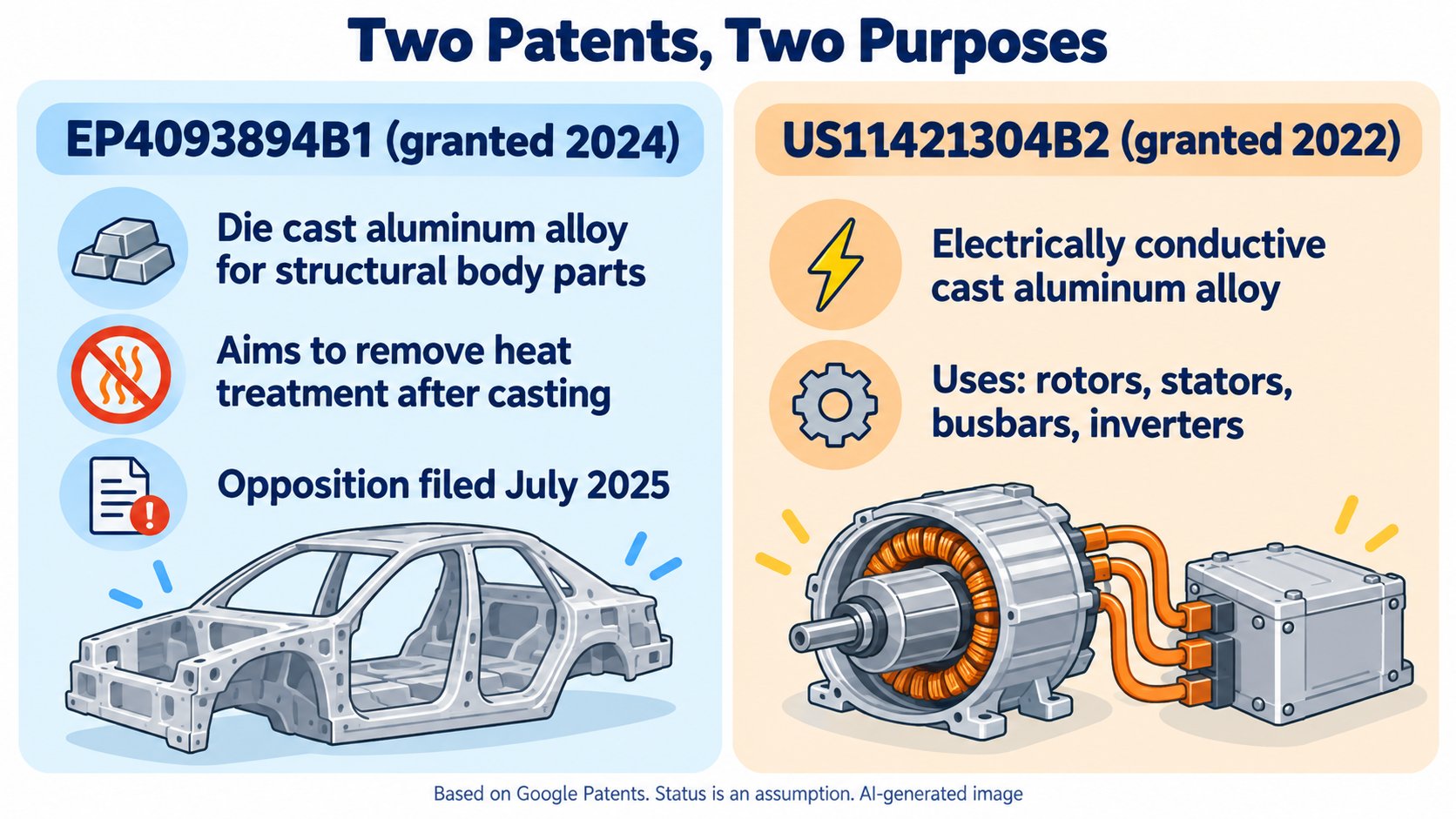 The difference between the two patents. EP4093894B1 is for structural body parts and aims to remove heat treatment. US11421304B2 is an alloy that conducts electricity well, for electrical parts such as rotors and stators (AI-generated illustration; based on Google Patents)