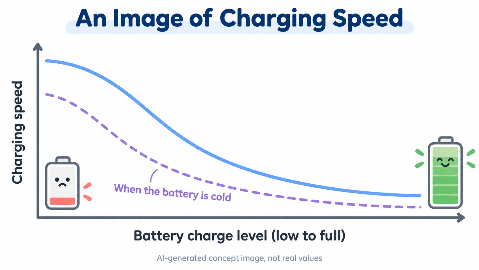 An image of charging speed. It is fast when the battery is nearly empty and slows as it nears full. It is also slower when the battery is cold (AI-generated concept diagram; not real values)
