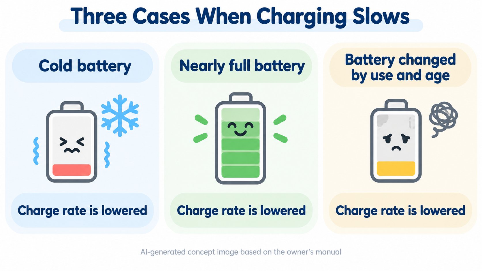 Three cases in which charging speed is lowered: a cold battery, a nearly full battery, and a battery changed by use and age (AI-generated concept diagram based on the owner's manual)