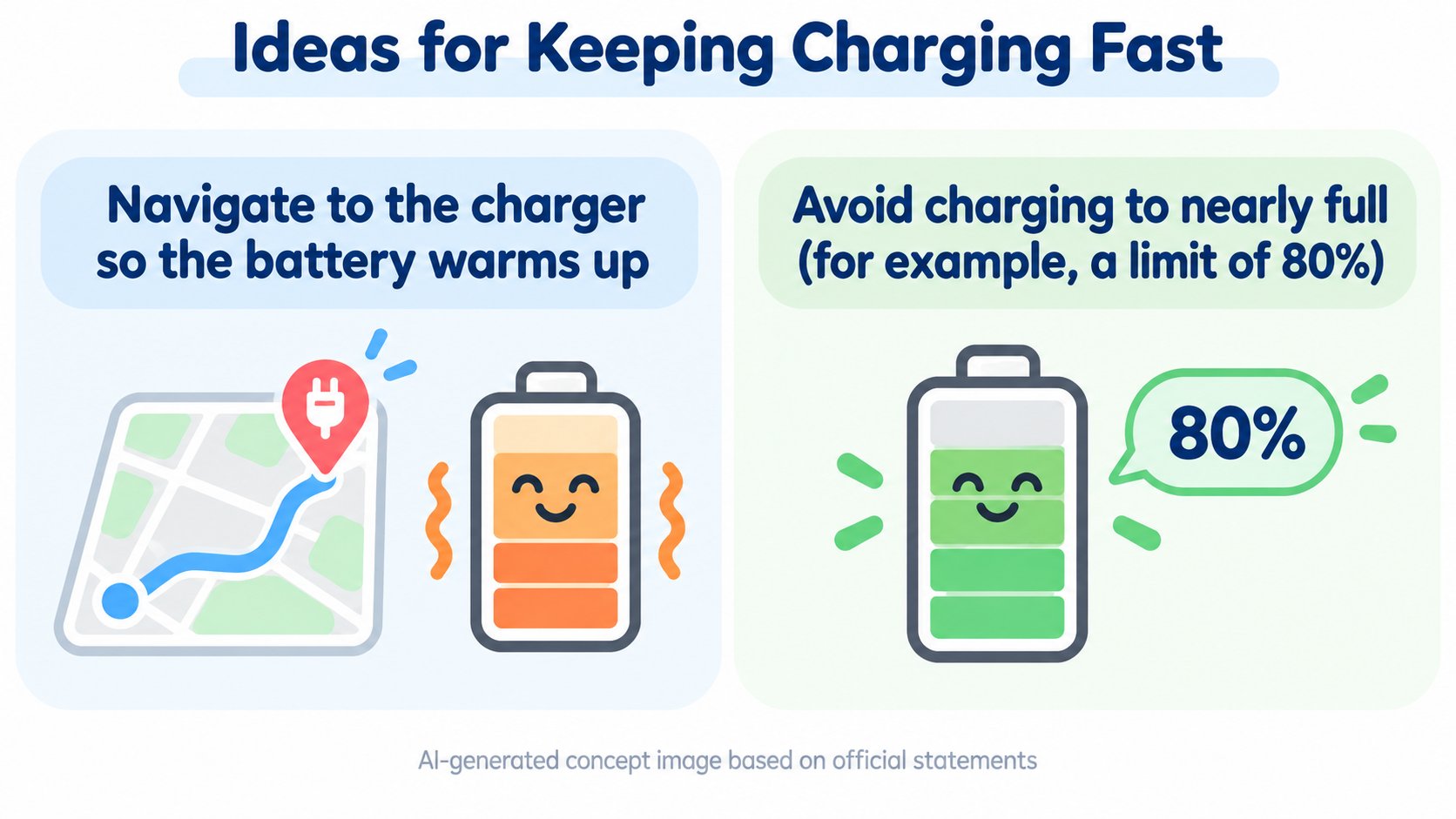Ideas for keeping charging fast: navigate to the charger to warm the battery, and avoid charging to nearly full (AI-generated concept diagram based on official statements)