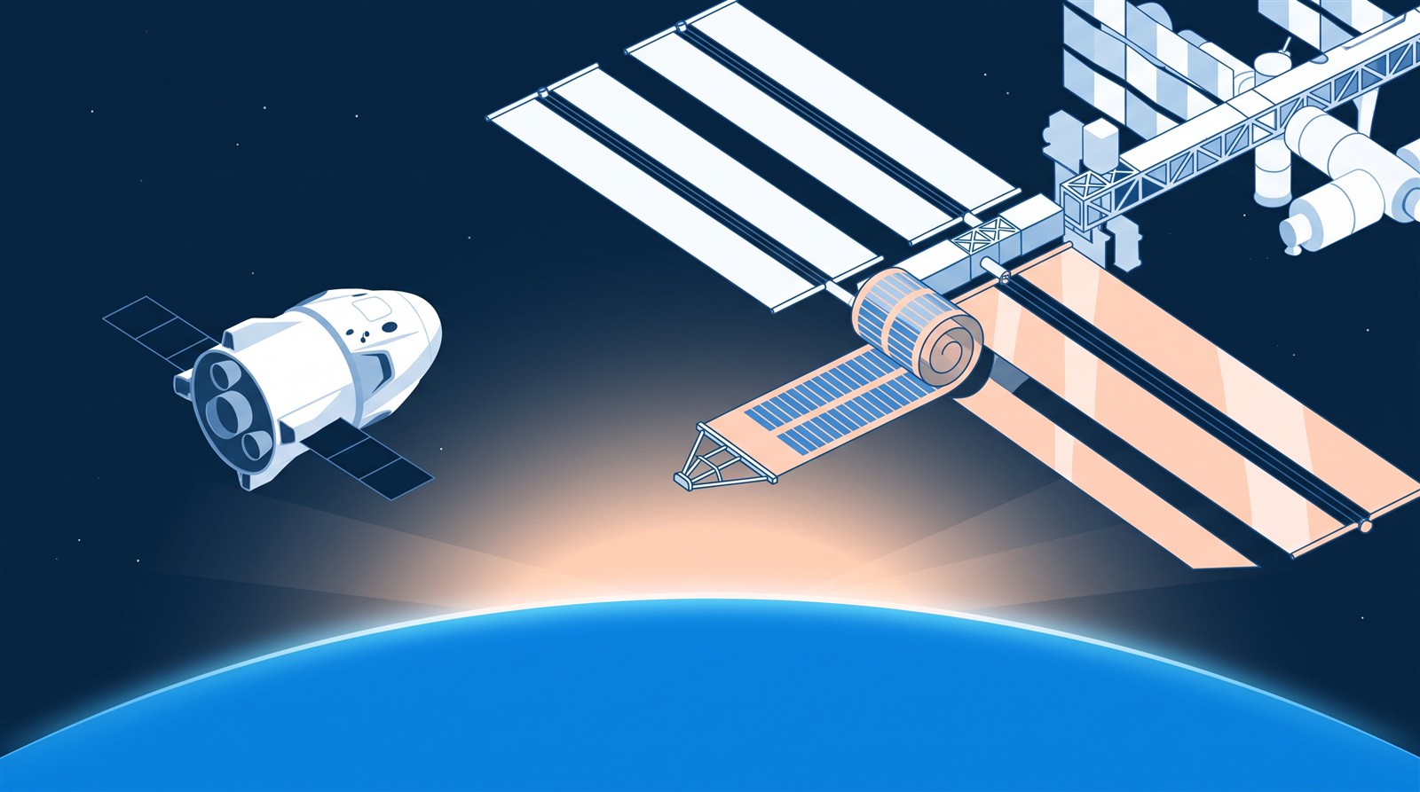 AI-generated image: a cargo spacecraft approaching the ISS while a rolled-up solar array starts to unfurl (a concept image, not the actual vehicles)