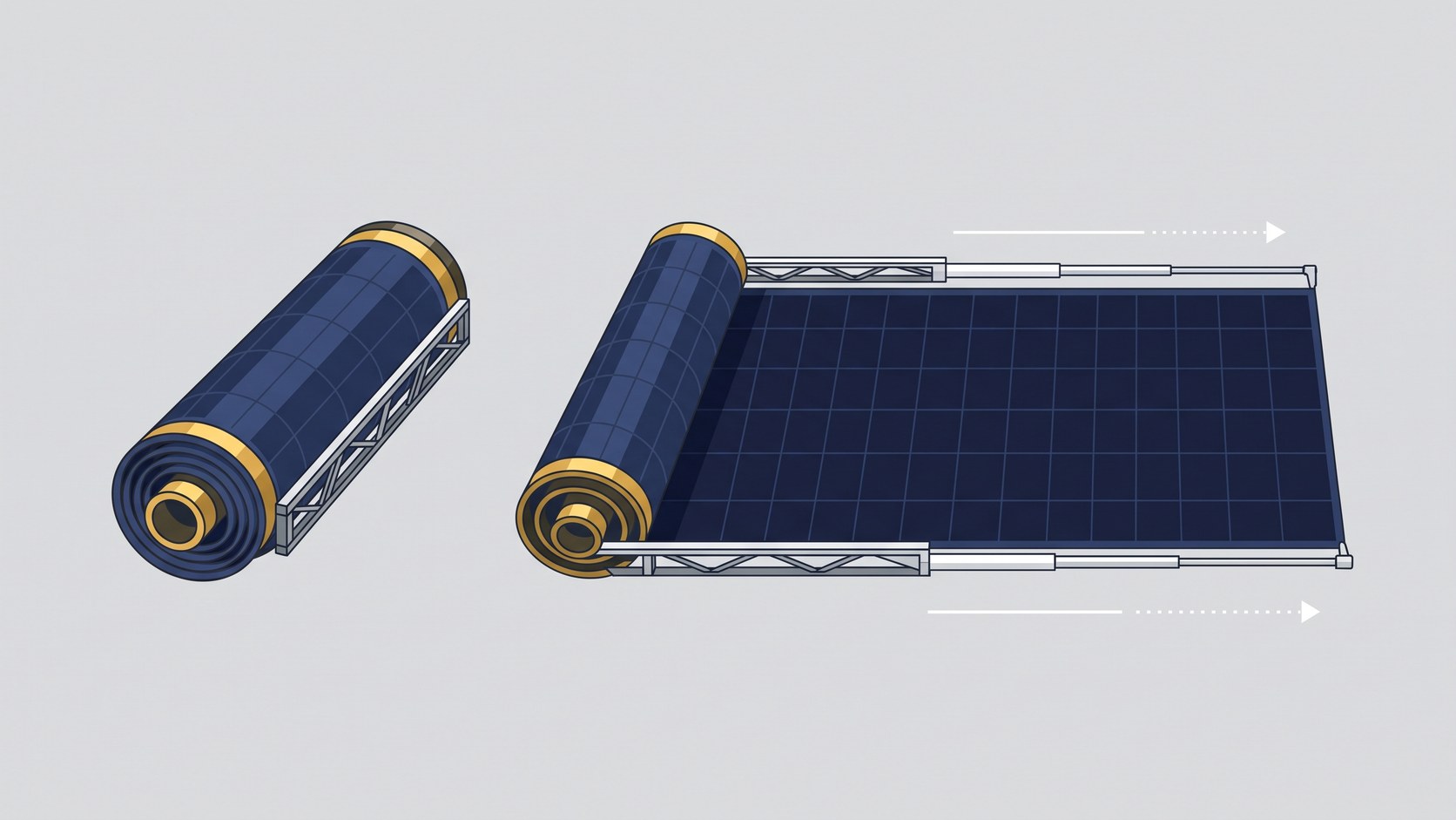 AI-generated image: a rolled-up solar array unrolling in space (concept diagram)