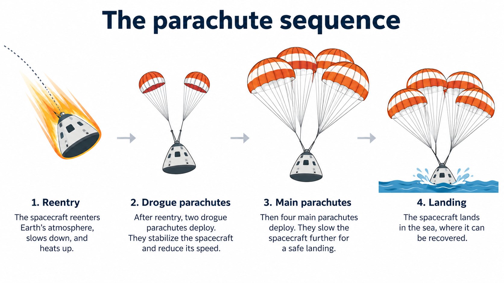 The parachute sequence: two drogues, then four mains (AI-generated concept diagram based on the official page)