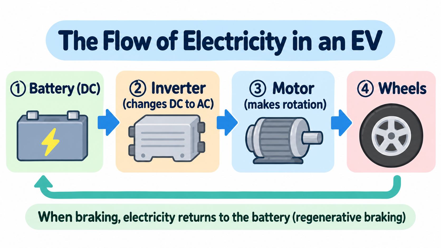 The flow of electricity in an EV. Battery (DC) → inverter (changes DC to AC) → motor (makes rotation) → wheels. When braking, electricity flows back to the battery