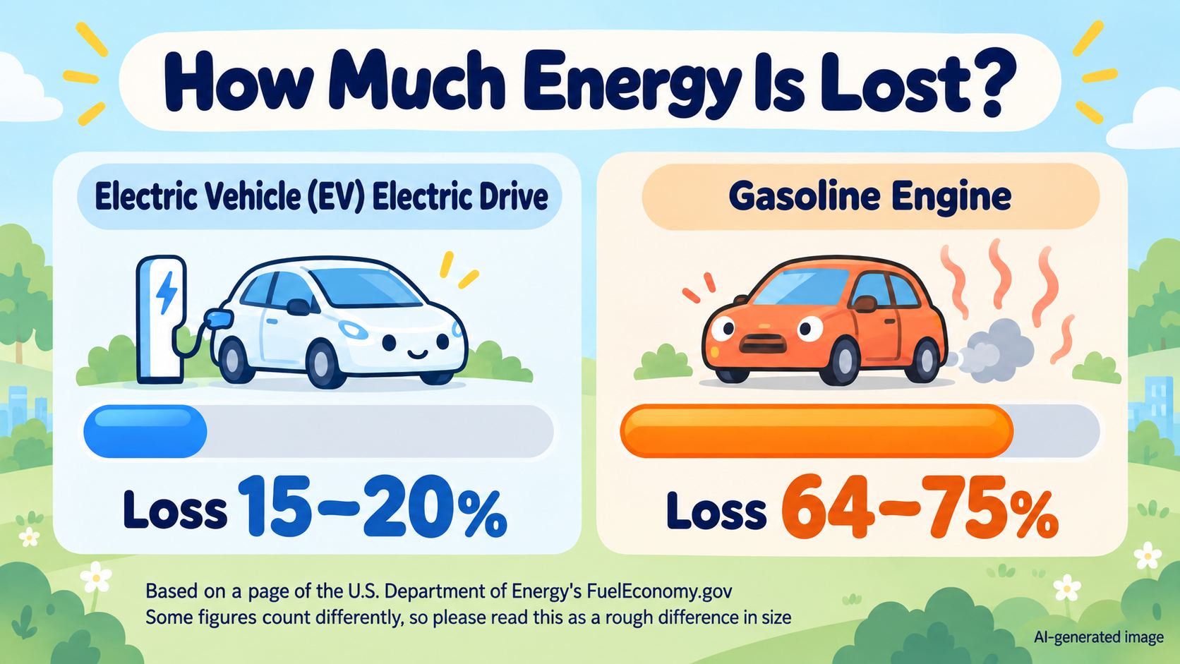 Comparison of how energy is lost in EVs and gasoline cars. According to a U.S. Department of Energy page, loss in an EV's electric drive system is 15–20%, and loss in a gasoline engine is 64–75%