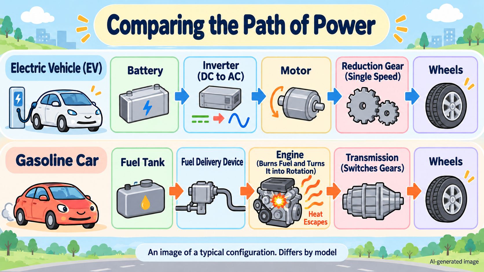 The road the power takes in EVs and gasoline cars. EV: battery → inverter → motor → reduction gear → wheels. Gasoline car: fuel tank → fuel pump → engine → transmission → wheels (a typical configuration)