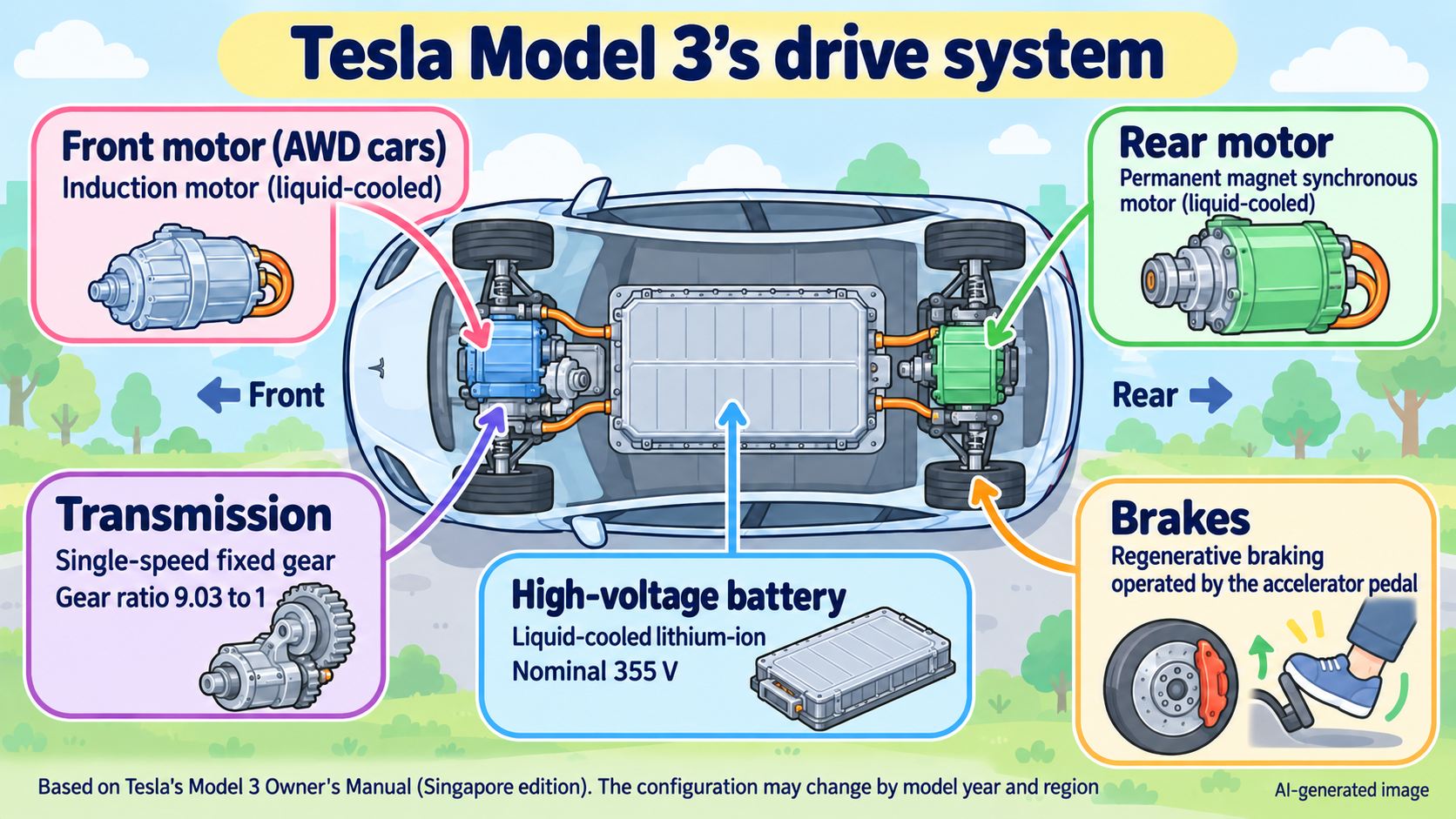 Tesla Model 3's drive system. The rear motor is a permanent magnet synchronous motor and the front motor (AWD cars) is an induction motor. The transmission is a single-speed fixed gear with a ratio of 9.03 to 1. The high-voltage battery is liquid-cooled lithium-ion, nominal 355 V