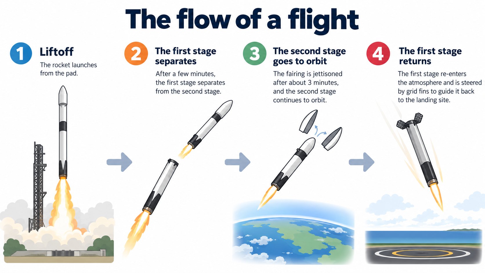 The flow of a flight: the first stage separates and returns while the second stage goes to orbit (AI-generated concept diagram based on the official page)