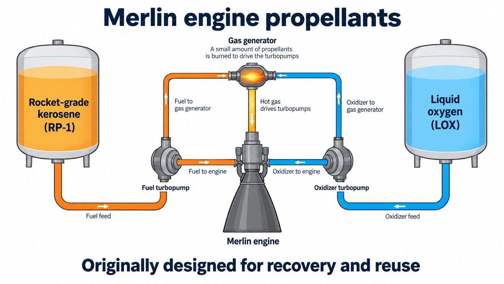 The Merlin engine burns liquid oxygen and RP-1 (AI-generated concept diagram, different from the real engine shape)