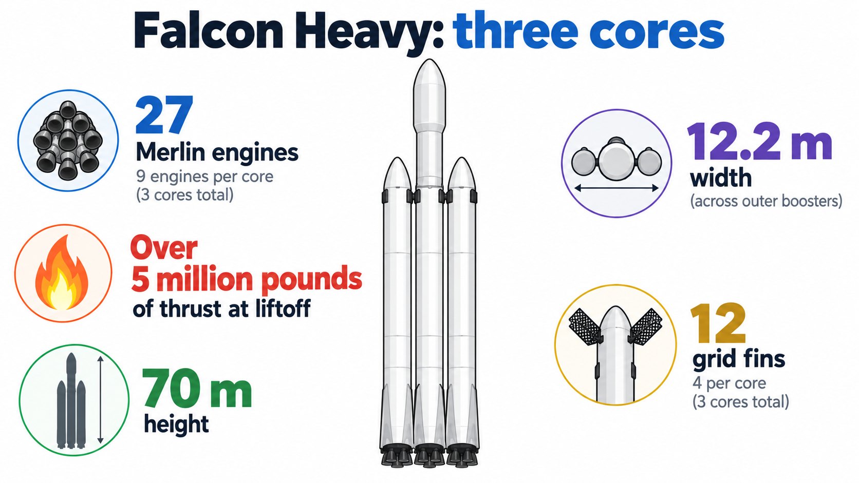 Falcon Heavy: three cores bundled, with side boosters on either side of the center core (AI-generated concept diagram, different from the real shape)