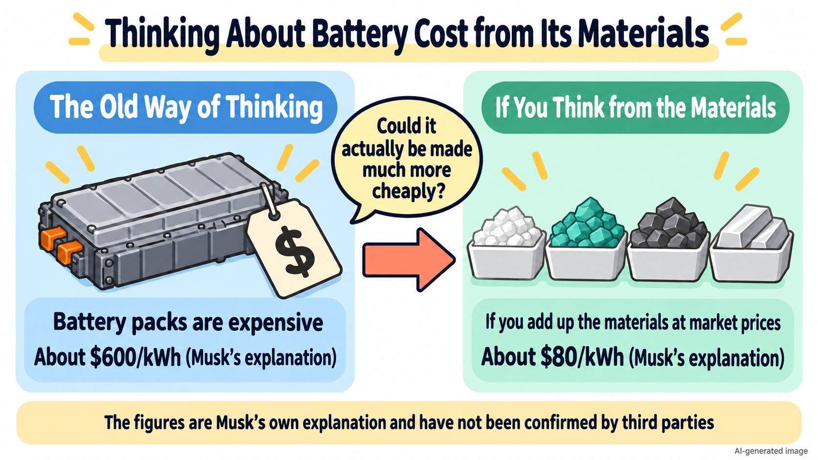 Thinking about the price of a battery from its materials. The old way of thinking: about $600/kWh; adding the materials at market prices: about $80/kWh (both Musk's explanation)