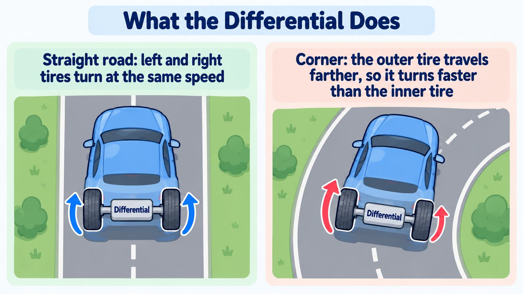 What the differential does. On a straight road the left and right tires turn at the same speed. In a corner the outer tire travels farther, so it turns faster than the inner tire