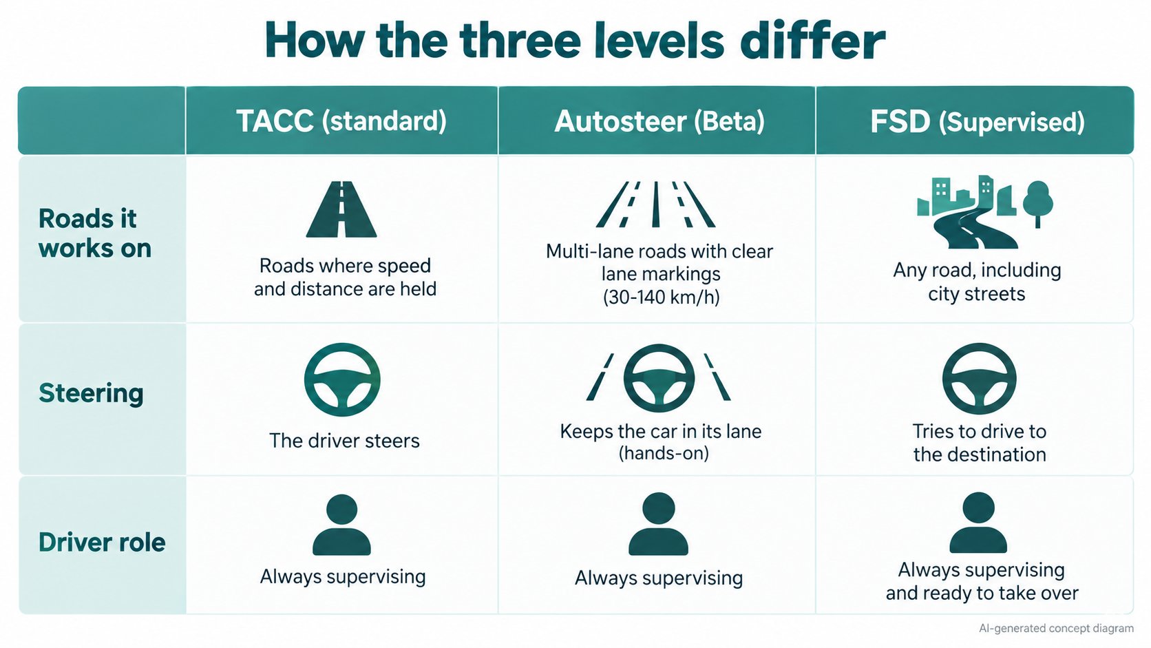 A comparison of TACC, Autosteer and FSD (Supervised): the roads they work on, who steers, and the driver's role. All need driver supervision (AI-generated concept diagram based on official descriptions)