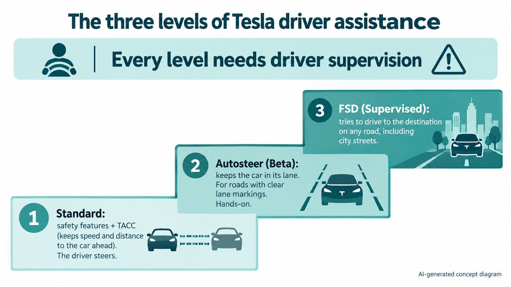 The three levels of Tesla driver assistance. From the bottom: standard safety features and Traffic-Aware Cruise Control, Autosteer, and Full Self-Driving (Supervised); each level does more. Every level needs driver supervision (AI-generated concept diagram based on official descriptions)