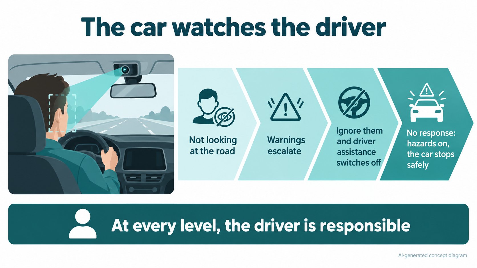 An illustration of how the car watches the driver: the cabin camera watches the driver's gaze and checks hand position on the wheel; if the driver is not looking at the road, warnings escalate, and ignoring them ends the driver assistance (AI-generated concept diagram based on the manual)