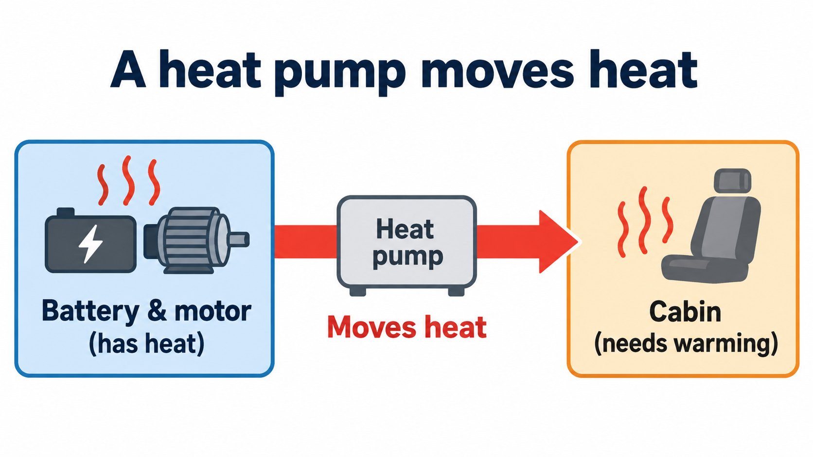 A heat pump concept: instead of making heat, it moves heat from the battery and motor to the cabin (AI-generated concept diagram, different from the real piping and layout)