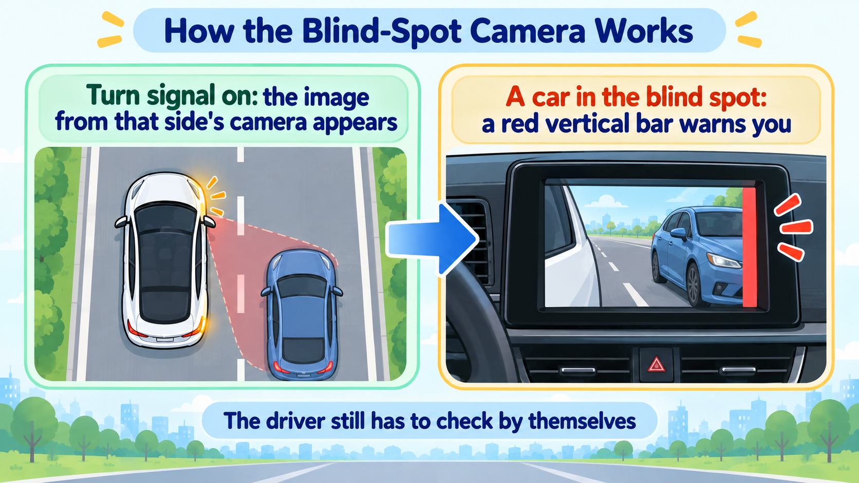 The blind-spot camera. When you use the turn signal, the image from that side's camera appears on the screen. If a vehicle is in the blind spot, a red vertical bar warns you (AI-generated illustration; based on the manual)