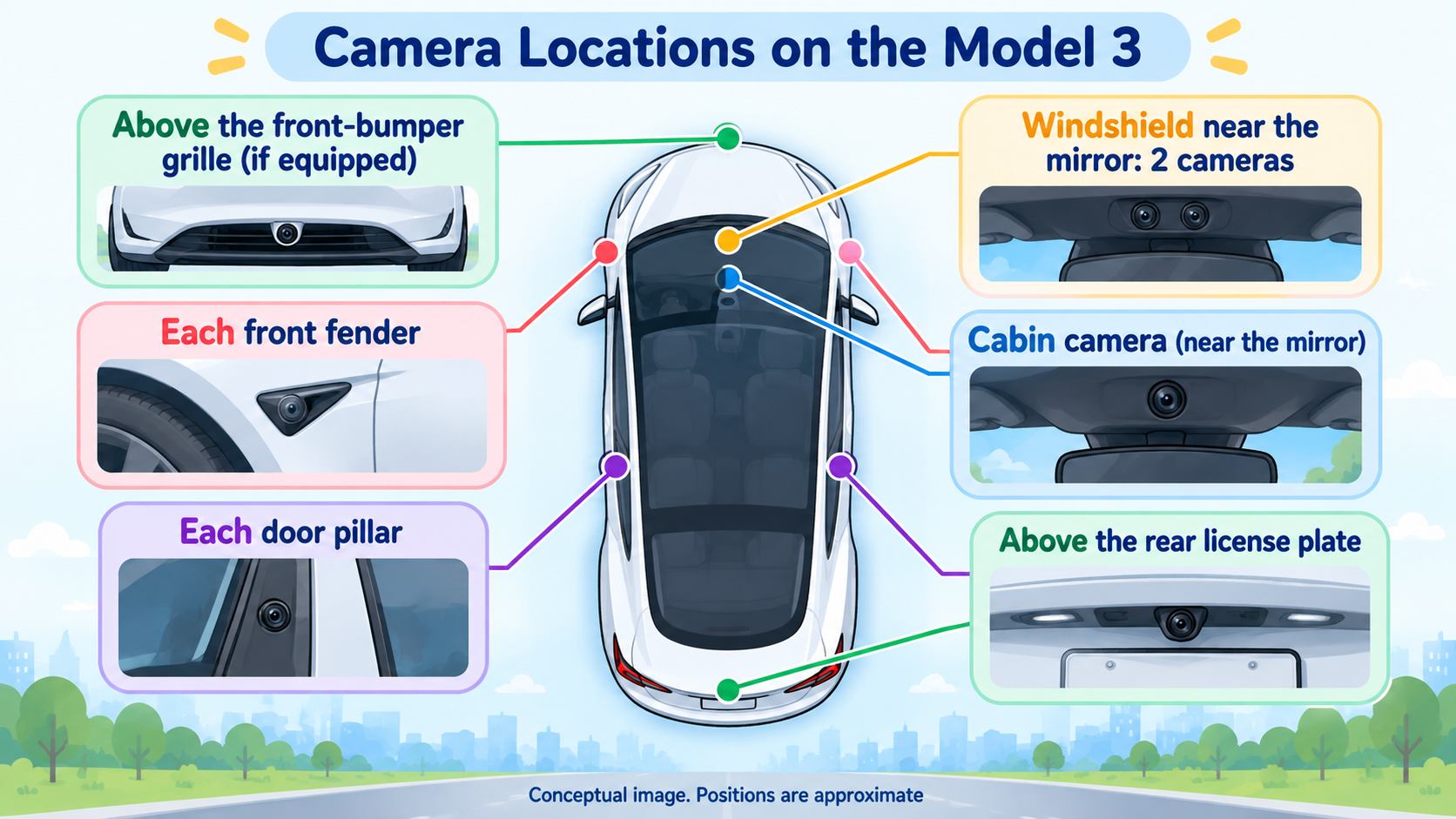 Camera locations on the Model 3. Front bumper (if equipped), above the rear license plate, each door pillar, two on the windshield near the mirror, each front fender, and the cabin camera (AI-generated illustration; positions are approximate; based on the manual)