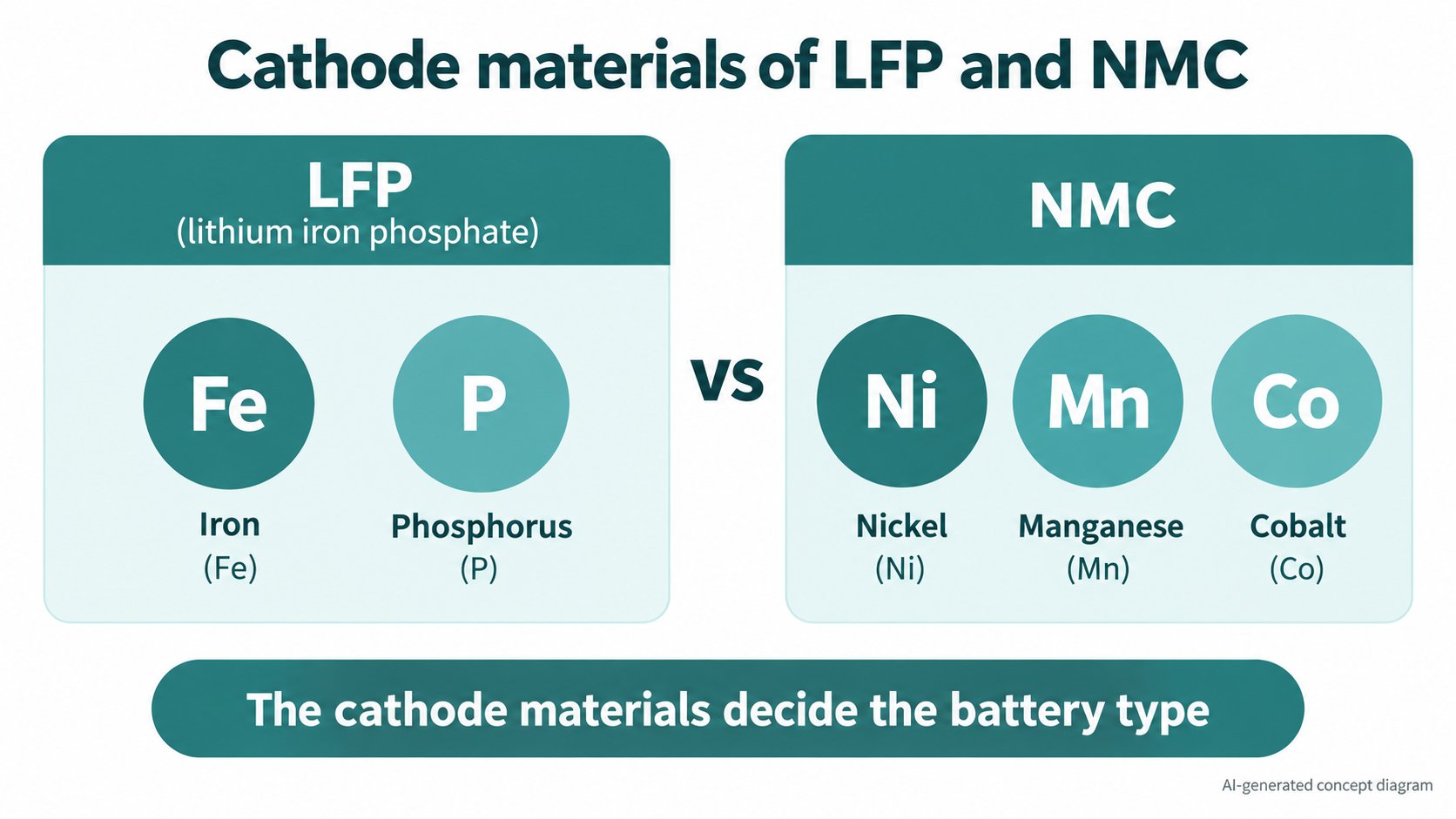 A comparison of the cathode materials of LFP and NMC: iron and phosphorus for LFP; nickel, manganese and cobalt for NMC (AI-generated concept diagram, different from the real internal structure of a cell)