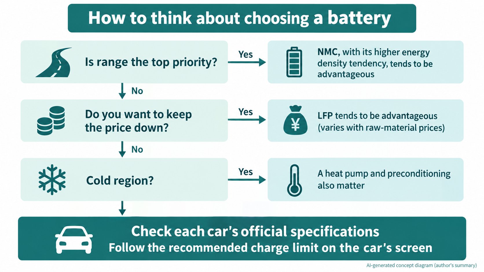 An illustration of ways to think about choosing: prioritize range or price, whether it is cold where you drive. In the end, check each car's official specifications (AI-generated concept diagram based on the author's summary)