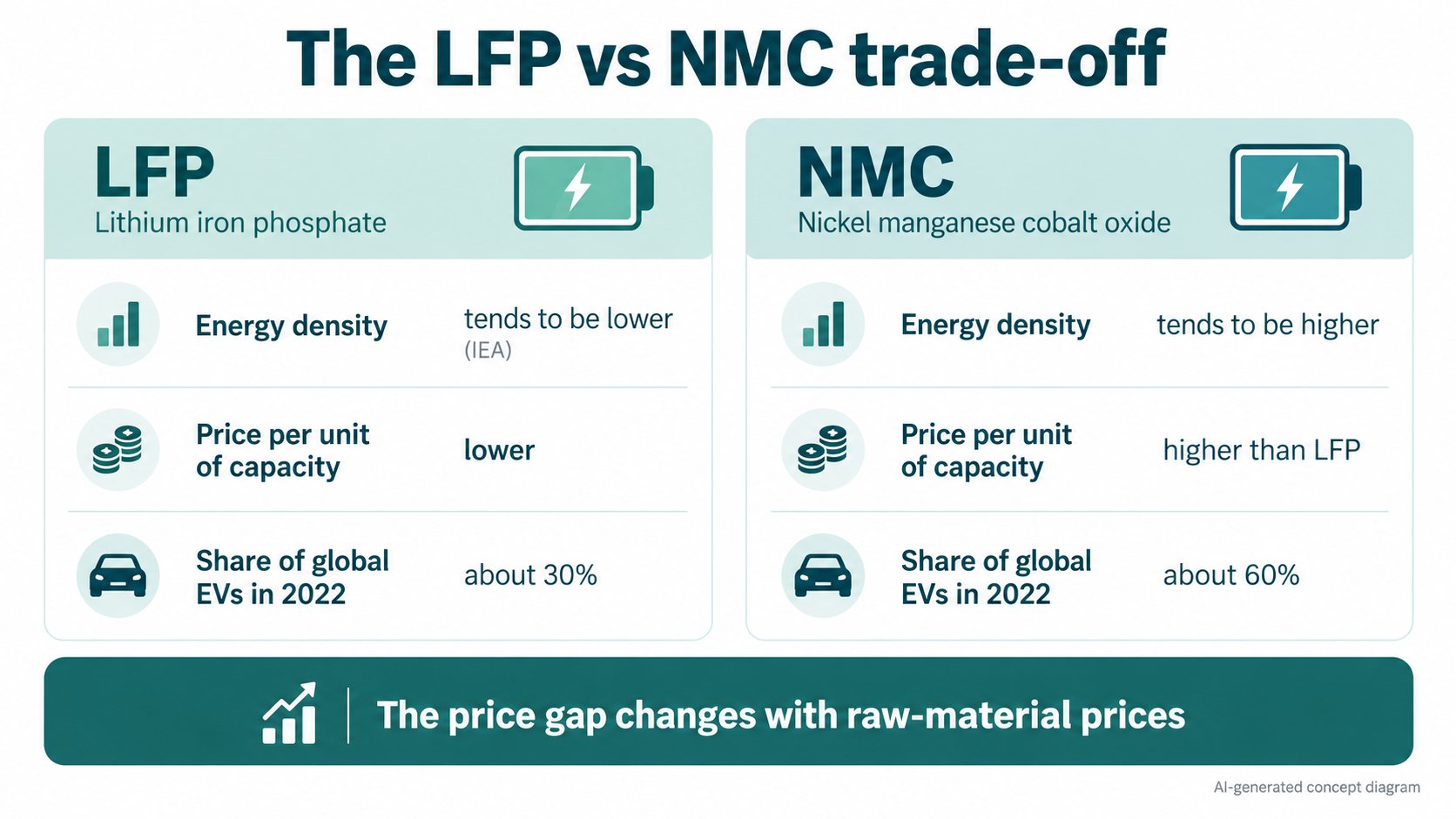 A comparison of LFP and NMC traits: LFP tends to have lower energy density and lower price; NMC tends to have higher energy density and higher price. Numbers depend on conditions (AI-generated concept diagram based on the IEA report)