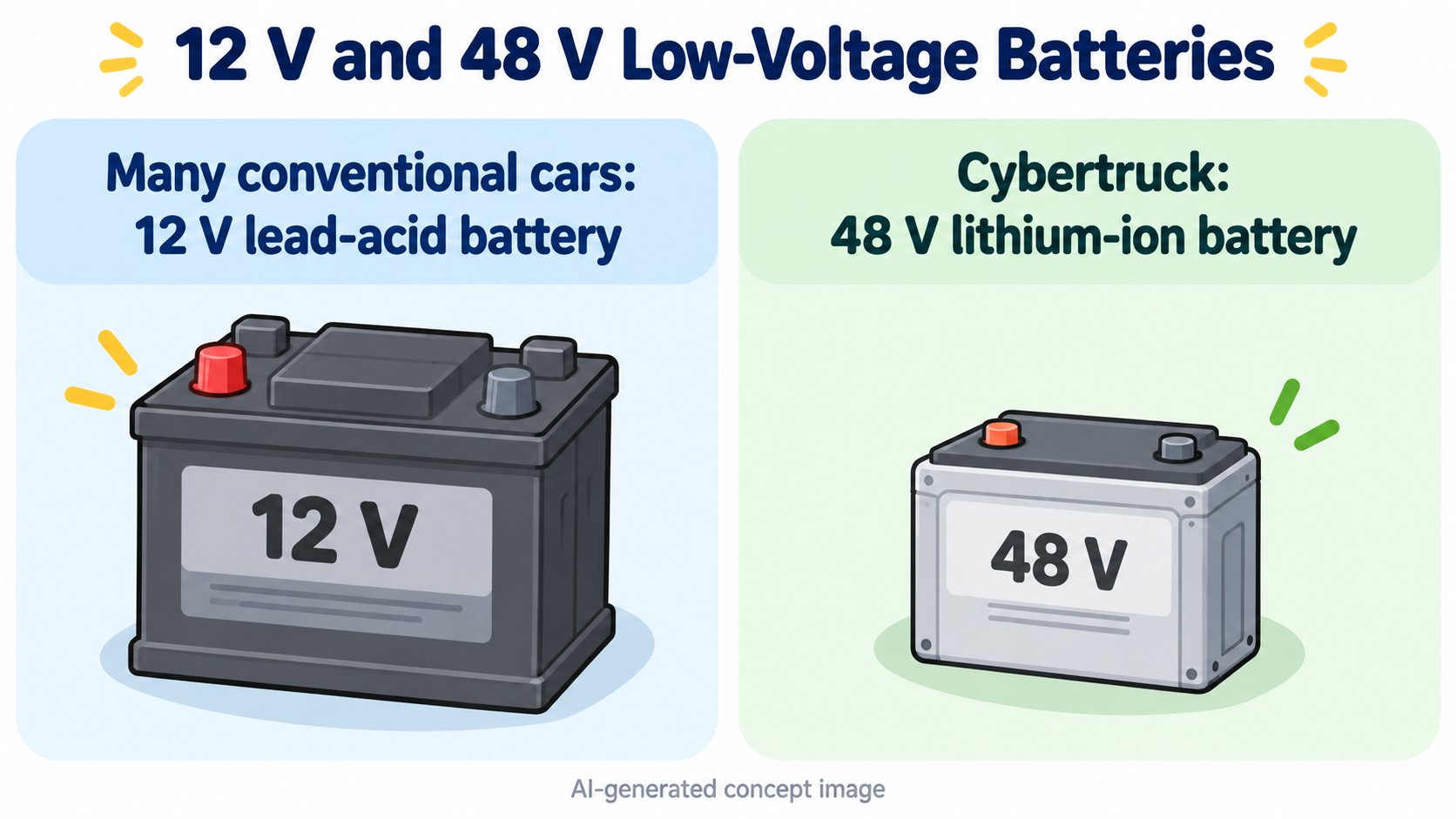 A comparison image of a 12 V lead-acid battery in an ordinary car and the Cybertruck's 48 V lithium-ion battery (AI-generated concept diagram)