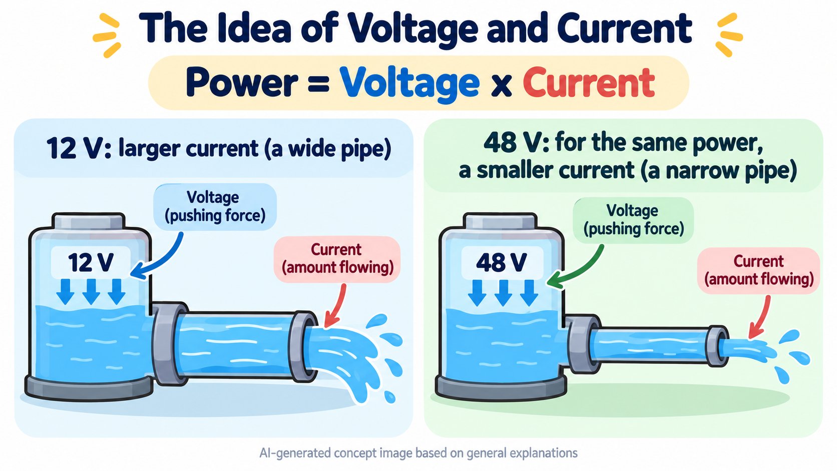 The idea of voltage and current. For the same power, a higher voltage allows a smaller current (AI-generated concept diagram based on general explanations; not real numbers)