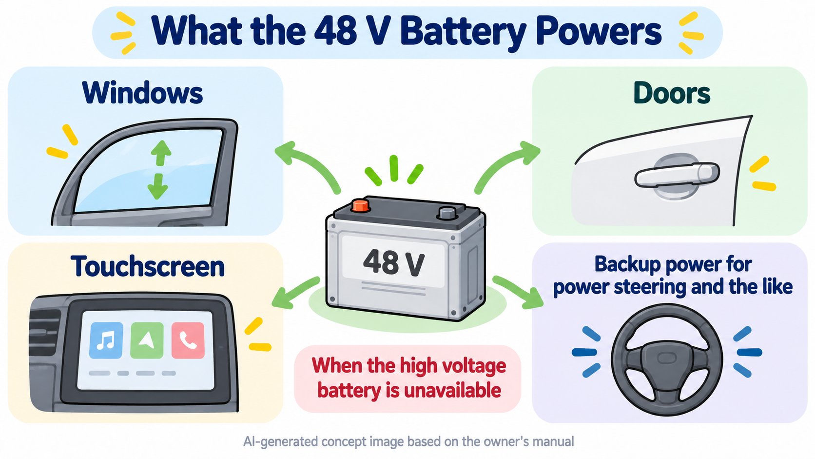 What the 48 V battery powers: windows, doors, the touchscreen, and a backup for power steering and the like (AI-generated concept diagram based on the owner's manual)