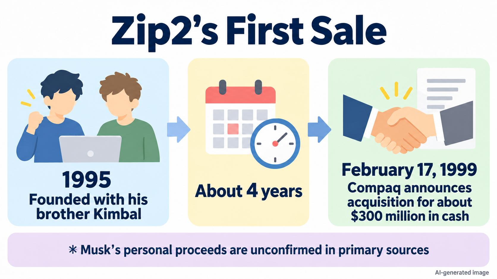 The first sale of Zip2. Founded in 1995 with his brother Kimbal; about four years later, on February 17, 1999, Compaq announced it would acquire it for about $300 million in cash. Musk's personal take is unconfirmed in primary sources